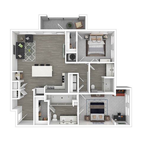 A top-down view of a modern apartment layout with a kitchen, living room, and bedrooms.